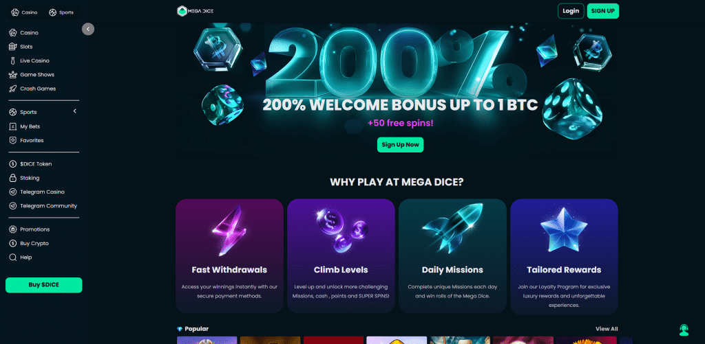 Mega Dice Betting Site Front Page